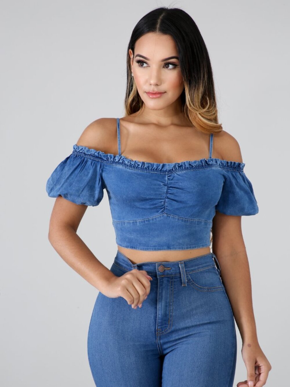Denim Off the Shoulder Cropped Top